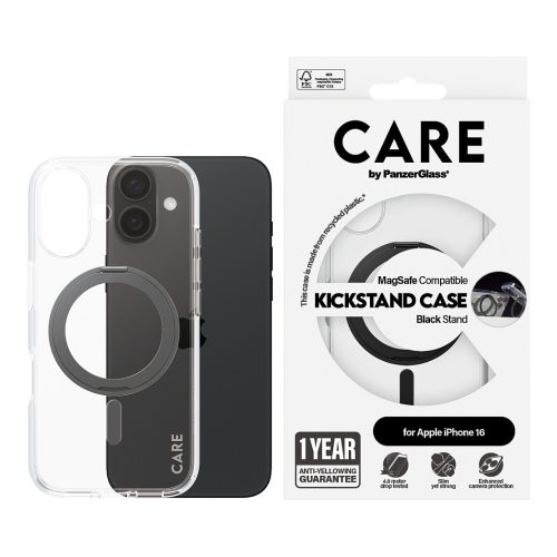 PanzerGlass CARE™ by ® Case Transparent w. Black Kickstand & MagSafe iPhone 16 mobile phone case