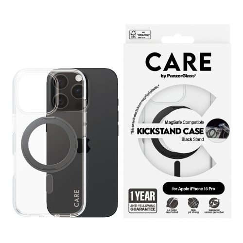 PanzerGlass CARE™ by ® Case Transparent w. Black Kickstand & MagSafe iPhone 16 Pro mobile phone case