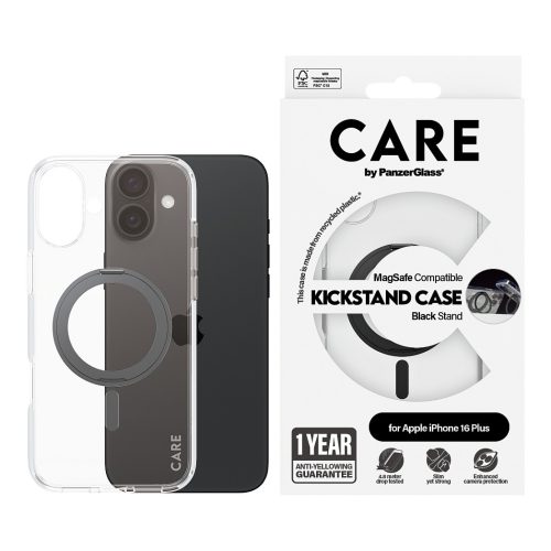 PanzerGlass CARE™ by ® Case Transparent w. Black Kickstand & MagSafe iPhone 16 Plus mobile phone case