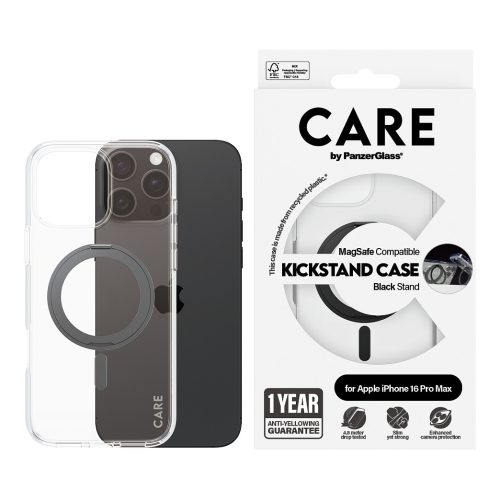 PanzerGlass CARE™ by ® Case Transparent w. Black Kickstand & MagSafe iPhone 16 Pro Max mobile phone case