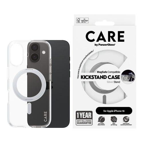 PanzerGlass CARE™ by ® Case Transparent w. Silver Kickstand & MagSafe iPhone 16 mobile phone case
