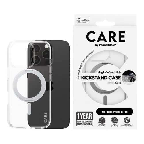 PanzerGlass CARE™ by ® Case Transparent w. Silver Kickstand & MagSafe iPhone 16 Pro mobile phone case