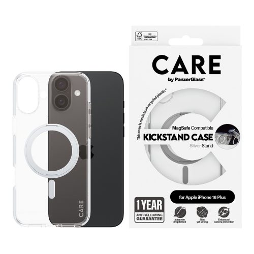 PanzerGlass CARE™ by ® Case Transparent w. Silver Kickstand & MagSafe iPhone 16 Plus mobile phone case
