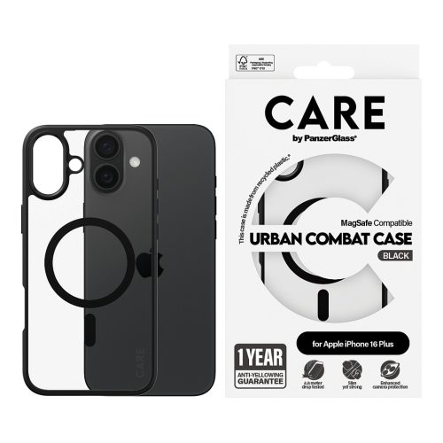 PanzerGlass CARE™ by ® Urban Combat Case Transparent w. Black Frame & MagSafe iPhone 16 Plus mobile phone case