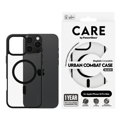 PanzerGlass CARE™ by ® Urban Combat Case Transparent w. Black Frame & MagSafe iPhone 16 Pro Max mobile phone case