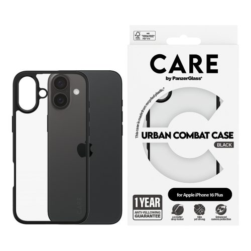 PanzerGlass CARE™ by ® Urban Combat Case Transparent w. Black Frame iPhone 16 Plus mobile phone case