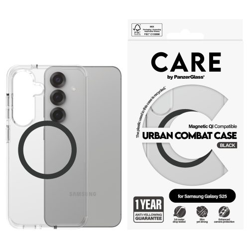 PanzerGlass CARE™ by ® Urban Combat Case Transparent w. Black Qi Compatible Samsung Galaxy S25 mobile phone case