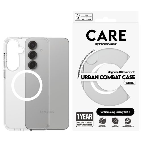PanzerGlass CARE™ by ® Urban Combat Case Transparent w. White Qi Compatible Samsung Galaxy S25+ mobile phone case