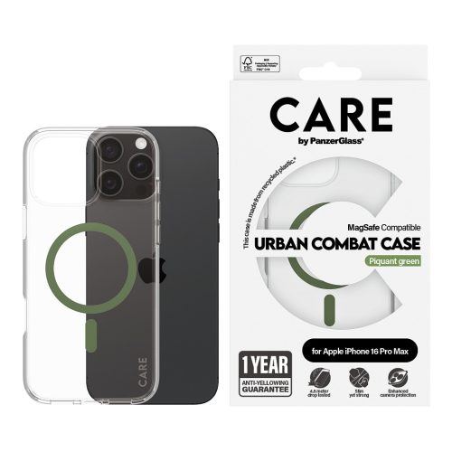 PanzerGlass CARE™ by ® Urban Combat Case Transparent w. Green MagSafe iPhone 16 Pro Max mobile phone case