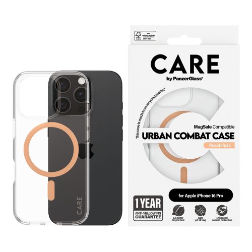 PanzerGlass CARE™ by ® Urban Combat Case Transparent w. Peachy MagSafe iPhone 16 Pro mobile phone case