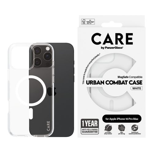 PanzerGlass CARE™ by ® Urban Combat Case Transparent w. White MagSafe iPhone 16 Pro Max mobile phone case