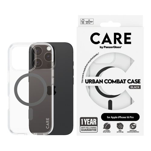 PanzerGlass CARE™ by ® Urban Combat Case Transparent w. Black MagSafe iPhone 16 Pro mobile phone case