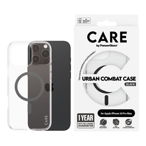 PanzerGlass CARE™ by ® Urban Combat Case Transparent w. Black MagSafe iPhone 16 Pro Max mobile phone case