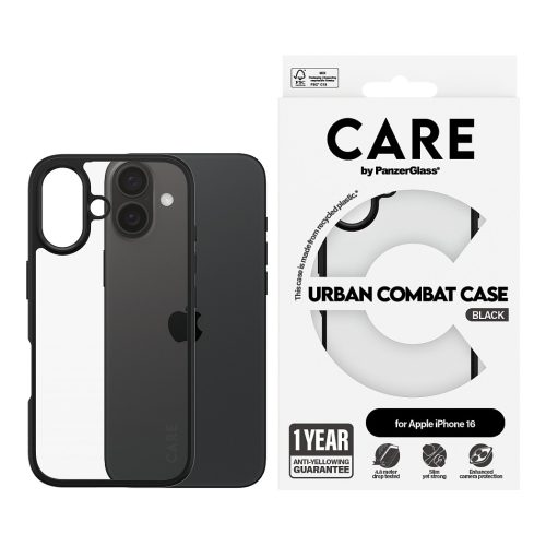 PanzerGlass CARE™ by ® Urban Combat Case Transparent w. Black Frame iPhone 16 mobile phone case
