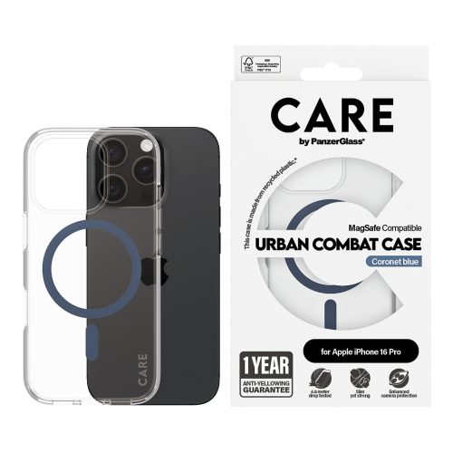 PanzerGlass CARE™ by ® Urban Combat Case Transparent w. Blue MagSafe iPhone 16 Pro mobile phone case