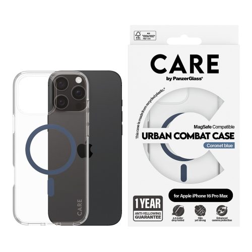 PanzerGlass CARE™ by ® Urban Combat Case Transparent w. Blue MagSafe iPhone 16 Pro Max mobile phone case