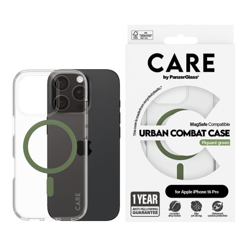 PanzerGlass CARE™ by ® Urban Combat Case Transparent w. Green MagSafe iPhone 16 Pro mobile phone case