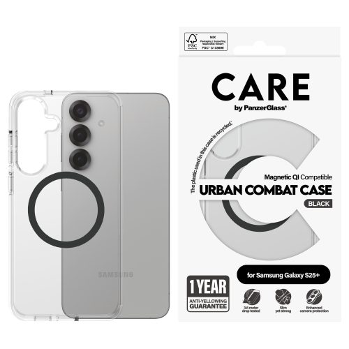 PanzerGlass CARE™ by ® Urban Combat Case Transparent w. Black Qi Compatible Samsung Galaxy S25+ mobile phone case