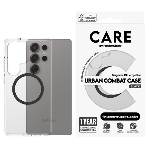 PanzerGlass CARE™ by ® Urban Combat Case Transparent w. Black Qi Compatible Samsung Galaxy S25 Ultra mobile phone case