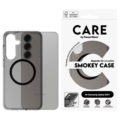 PanzerGlass CARE™ by ® Urban Combat Case Smokey w. Black Qi Compatible Samsung Galaxy S25+ mobile phone case