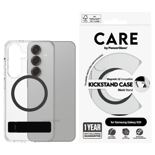 PanzerGlass CARE™ by ® Case Transparent w. Black Kickstand & Qi Compatible Samsung Galaxy S25 mobile phone case