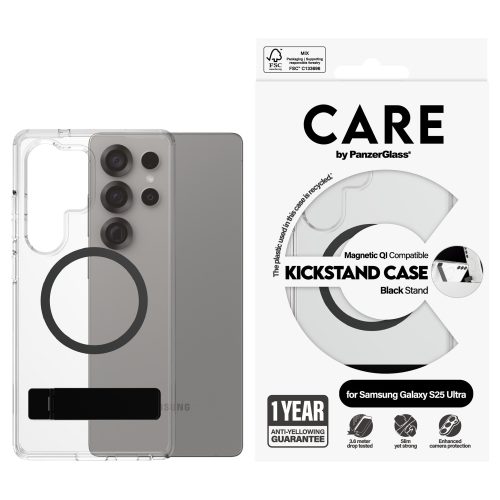 PanzerGlass CARE™ by ® Case Transparent w. Black Kickstand & Qi Compatible Samsung Galaxy S25 Ultra mobile phone case