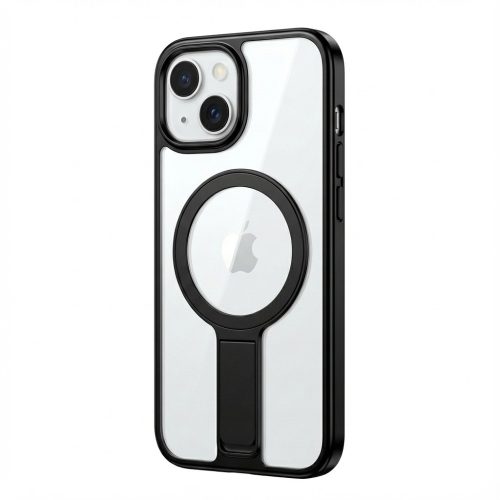 Case aus 10H Hartglas mit Kickstand für Apple iPhone 16. Transparent/Schwarz. GA-MAGCS-IP24-BLS61BLK