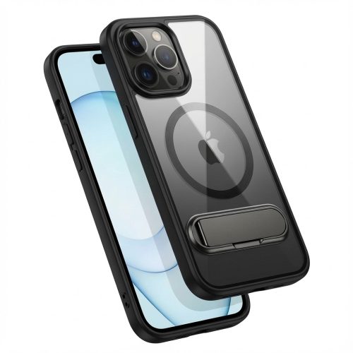 Case aus 10H Hartglas mit Kickstand für Apple iPhone 16 Pro Max. Transparent/Schwarz. GA-MAGCS-IP24-BLS69BLK